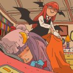  2girls bat_wings blanket book bow closed_eyes crescent hair_bow hair_ornament hat head_wings jpeg_artifacts koakuma long_hair long_sleeves looking_at_another lying mob_cap multiple_girls necktie on_stomach onikobe_rin patchouli_knowledge purple_hair redhead sleeping smile touhou wings 