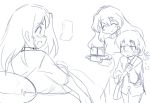  1boy 2girls bed blush closed_eyes ikune_juugo lying monochrome mother_and_daughter multiple_girls open_mouth original school_uniform short_hair sketch smile sweat_drop 