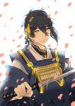  1boy black_hair blue_eyes japanese_clothes male_focus mikazuki_munechika petals smile sword touken_ranbu upper_body weapon yuzhi 