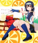  1girl bare_shoulders blue_hair blush brown_eyes drink fingerless_gloves glass gloves hoshino_ouka long_hair looking_at_viewer love_live!_school_idol_project pancake pointing sitting skirt smile solo sonoda_umi visor 