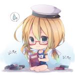  1girl blonde_hair blue_eyes book chibi highres holding holding_book i-8_(kantai_collection) kantai_collection long_hair looking_at_viewer name_tag natubudou school_swimsuit seiza sitting solo spoken_sweatdrop sweatdrop swimsuit translation_request twintails wavy_mouth wet 