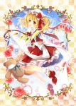  1girl blonde_hair dress flandre_scarlet flower hat hat_ribbon highres long_sleeves marimo_moka mob_cap open_mouth pink_rose puffy_short_sleeves puffy_sleeves red_dress red_eyes ribbon rose sash short_sleeves side_ponytail smile solo stuffed_animal stuffed_toy teddy_bear touhou wings wrist_cuffs 