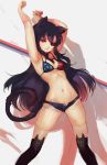  american_flag_bikini animal_ears arms_up bikini black_hair blush cat_ears cat_tail character_name copyright_request doomfest eyepatch flag_print highres long_hair paw_pose red_eyes shorts swimsuit tail thigh-highs torn_clothes 