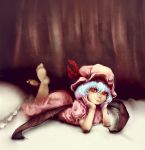  1girl arm_support barefoot bat_wings blue_hair curtains dress frown glowing glowing_eyes hat hat_ribbon head_rest highres lips looking_at_viewer lying mob_cap on_bed on_stomach pillow qwer1234777 red_eyes remilia_scarlet ribbon short_hair short_sleeves solo touhou wings 