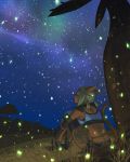  1girl animal_ears belt blonde_hair circlet commentary dark detached_sleeves final_fantasy final_fantasy_xi grass highres light_particles looking_away looking_up midriff mithra night night_sky quot short_hair short_twintails sitting sky solo star_(sky) starry_sky tail tree twintails wand 