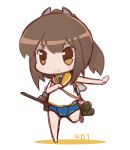  1girl brown_eyes brown_hair character_name chibi highres i-401_(kantai_collection) kantai_collection nuu_(nu-nyu) ponytail sailor_collar school_swimsuit simple_background solo standing_on_one_leg swimsuit swimsuit_under_clothes tagme white_background 