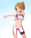  1girl bike_shorts blue_eyes bracelet breasts brown_hair contrapposto gundam gundam_build_fighters gundam_build_fighters_try highres hoshino_fumina jewelry jiffic large_breasts looking_at_viewer mound_of_venus navel ponytail scrunchie slender_waist smile solo sports_bra stretch 