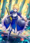  ahoge avalon_(fate/stay_night) blonde_hair chiro_drank excalibur fate/stay_night fate_(series) forest highres lily_pad nature saber sheath standing standing_on_water sword weapon 