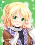  1girl arm_warmers blonde_hair blush crying green_background green_eyes highres looking_at_viewer mizuhashi_parsee open_mouth pointy_ears ponytail reimei_(r758120518) scarf shirt short_hair short_sleeves simple_background solo tears touhou upper_body vest 
