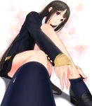  1girl ama_mitsuki black_hair blazer dressing from_below highres long_sleeves looking_at_viewer looking_down original school_uniform sitting skirt smile violet_eyes 