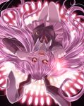  1girl animal_ears black_sclera blazer crazy_eyes danmaku long_hair moon necktie open_mouth purple_hair rabbit_ears red_eyes red_moon reisen_udongein_inaba skirt touhou upside-down yuha_(yh-krm) 