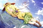  1girl ankle_boots arm_pillow blonde_hair blouse blue_sky boots clouds different_reflection dutch_angle frilled_sleeves frills green_eyes hat hat_ribbon heart heart_of_string highres komeiji_koishi light_particles lying on_side reflection ribbon ripples short_hair skirt sky sleeping smile solo third_eye touhou water xtears_kitsune 