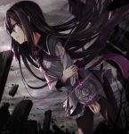  1girl akemi_homura black_hair black_legwear blood blood_on_face blood_on_fingers bow clenched_teeth clouds cloudy_sky cuts debris dystopia frilled_skirt frills hair_over_face hairband highres holding_arm injury leaning_forward long_hair long_sleeves looking_to_the_side mahou_shoujo_madoka_magica nikkunemu pantyhose purple_bow scowl skirt sky solo standing torn_clothes torn_pantyhose very_long_hair violet_eyes 