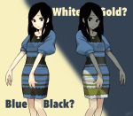 1girl black_hair brown_eyes dress dual_persona earrings fujie_yamato highres jewelry long_hair original outstretched_arms standing the_dress_(meme) 