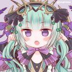  1girl :o aqua_hair astaroth_(p&amp;d) blush bow collarbone demon_girl demon_horns fangs female frilled_sleeves frills hairband holding_hair horns long_hair long_sleeves marshmallow_mille purple_background purple_bow puzzle_&amp;_dragons simple_background solo twintails twitter_username upper_body violet_eyes 
