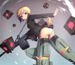  1girl ass blonde_hair blue_eyes erica_hartmann gun jacket leaning_forward looking_back machine_gun mg34 newey panties short_hair solo strike_witches striker_unit tail underwear weapon white_panties 