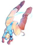  1girl blonde_hair blue_eyes boots braid cammy_white garrison_cap gloves hat kicking knee_boots leotard long_hair settyaro solo street_fighter tattoo twin_braids upside-down white_background 