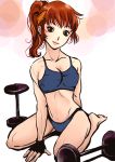  1girl barbell barefoot breasts brown_eyes brown_hair cleavage daimon_akiko fingerless_gloves gloves headband highres lips looking_at_viewer nekochuni ponytail seiza sitting smile solo sports_bra taisen_hot_gimmick taisen_hot_gimmick_4ever toned weights 
