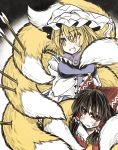  2girls arrow black_hair blonde_hair bow breasts dirty_face dress fang fox_tail hair_bow hair_tubes hakurei_reimu hat hat_with_ears impossible_clothes large_breasts multiple_girls multiple_tails mumumu open_mouth red_eyes smile tabard tail touhou white_dress yakumo_ran yellow_eyes 