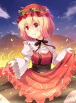  1girl aki_minoriko apron apron_lift blonde_hair blush bow brown_eyes food fruit grapes hat highres jpeg_artifacts long_sleeves mob_cap mountain petals puffy_sleeves sash sen_kagura shirt short_hair skirt sky smile solo touhou vest wide_sleeves 