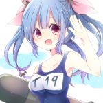  1girl :d blue_hair brown_eyes carrying_under_arm hair_ribbon i-19_(kantai_collection) kantai_collection long_hair looking_at_viewer name_tag natubudou open_mouth ribbon salute school_swimsuit smile solo swimsuit torpedo tri_tails 