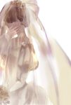  1girl bouquet bridal_veil bride brown_hair closed_eyes dress fading flower gloves highres long_hair pandora_hearts ponytail ribbon sharon_rainsworth solo spoilers tears veil wedding_dress xerxes_break 