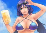  1girl alcohol alva beer bikini blue_bikini breasts cleavage green_eyes large_breasts lips long_hair love_live!_school_idol_project parted_lips purple_hair solo sunglasses sunglasses_on_head swimsuit toujou_nozomi twintails 