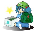  (9) 1girl backpack bag blue_eyes blue_hair blush_stickers boots box cirno cucumber eating flat_cap food_in_mouth hair_bobbles hair_ornament hat kawashiro_nitori looking_at_viewer looking_back miyu_(8944) rubber_boots short_hair sitting skirt skirt_set smile solo star touhou twintails wariza white_background 