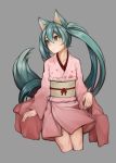  1girl absurdres animal_ears aqua_eyes aqua_hair fox_ears fox_tail grey_background hatsune_miku highres japanese_clothes kimono long_hair nekokitsune0905 short_kimono simple_background solo tail twintails very_long_hair vocaloid 