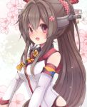  1girl :d brown_eyes brown_hair cherry_blossoms detached_sleeves flower hair_flower hair_ornament headgear kantai_collection long_hair looking_at_viewer natubudou open_mouth ponytail smile solo yamato_(kantai_collection) 