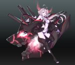  1girl black_legwear breasts cannon center_opening character_request cleavage detached_sleeves frost_king highres horns kantai_collection long_hair mecha_musume navel original pale_skin red_eyes shinkaisei-kan silver_hair solo thigh-highs toeless_legwear 