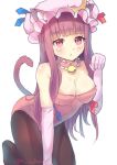  1girl :&lt; alternate_costume animal_ears artist_name bell black_legwear bow breasts cat_ears cat_tail cleavage collar crescent culter gloves hat hat_bow kemonomimi_mode kittysuit kneeling leotard long_hair looking_at_viewer mob_cap pantyhose patchouli_knowledge paw_pose pink_eyes purple_hair simple_background solo tail touhou white_background 