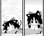  1girl :3 ^_^ animal_ears blush bow cat_ears cat_tail closed_eyes comic commentary_request detached_sleeves floral_background futa4192 hair_bow hair_ribbon hair_tubes hakurei_reimu kemonomimi_mode monochrome nontraditional_miko ribbon silent_comic solo tail touhou 