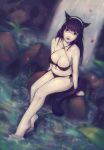  1girl animal_ears bikini breasts cat_ears cat_tail final_fantasy final_fantasy_xiv glasses long_hair looking_at_viewer miqo&#039;te purple_hair red_eyes solo soranamae swimsuit tail water 