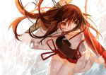  1girl akagi_(kantai_collection) bow_(weapon) brown_eyes brown_hair japanese_clothes joseph_lee kantai_collection long_hair looking_up muneate weapon 