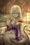  1girl bare_shoulders breasts cleavage grey_skin japanese_clothes kimono lamia long_hair looking_at_viewer mametama5 monster_girl off_shoulder original pipe pointy_ears silver_hair snake_hair solo yellow_eyes 