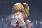  1girl bare_tree blonde_hair bow breath coat cold expressionless flandre_scarlet grey_background hair_bow looking_at_viewer mittens no_hat outdoors red_eyes reiji-rj scarf short_hair side_glance side_ponytail snow_on_head snowing solo touhou tree wings 