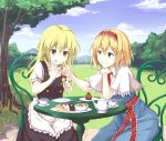  alice_margatroid blonde_hair blue_eyes braid cake capelet chair cup cupcake food food_on_face fork hairband kirisame_marisa no_hat oruna outdoors plate smile sweets table teacup teapot tongue tongue_out touhou tree yellow_eyes 