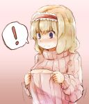  ! 1girl alice_margatroid annoyed blonde_hair blush breasts cleavage covering_nipples frown hairband highres lolita_hairband open-chest_sweater ribbed_sweater short_hair solo spoken_exclamation_mark sweatdrop sweater sweater_tug touhou waira 