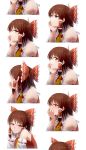  1girl blush bow brown_hair detached_sleeves hair_bow hair_ribbon hair_tubes hakurei_reimu highres japanese_clothes looking_at_viewer miko nathaniel_pennel ribbon short_hair simple_background smile solo touhou white_background 