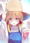  1girl blonde_hair blue_dress culter dress hair_ribbon hat long_sleeves looking_at_viewer moriya_suwako open_mouth outstretched_hand ribbon shirt solo touhou upper_body wide_sleeves yellow_eyes 