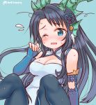  1girl bare_shoulders black_hair black_legwear blue_background blue_dress blue_eyes blush breasts china_dress chinese_clothes cleavage cleavage_cutout dragon_girl dragon_horns dress hair_ornament head_fins horns karin_(p&amp;d) long_hair marshmallow_mille one_eye_closed open_mouth pantyhose puzzle_&amp;_dragons simple_background sitting solo sweat twitter_username very_long_hair wavy_mouth 