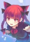  1girl animal_ears black_dress bow braid breasts cat_ears culter dress extra_ears hair_bow juliet_sleeves kaenbyou_rin long_hair long_sleeves open_mouth puffy_sleeves red_eyes redhead solo touhou twin_braids 