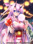  1girl blue_eyes breasts candy_apple head_wings horns japanese_clothes kimono large_breasts long_hair one_side_up pochadon pointy_ears purple_hair seiten_ragnarok solo 