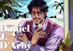  1boy anz black_hair character_name daniel_d&#039;arby facial_hair facial_tattoo jean_pierre_polnareff jojo_no_kimyou_na_bouken mustache palm_tree poker_chips red_eyes solo tattoo tree vest waistcoat 