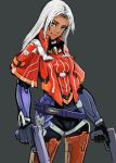  1girl armor dark_skin elma_(xenoblade_x) gun long_hair madanai_(moyasitarou) solo weapon white_hair xenoblade_chronicles_x 