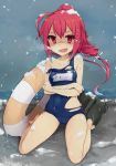  1girl ahoge bare_legs bare_shoulders barefoot cold crossed_arms female high_ponytail hukasikasi i-168_(kantai_collection) kantai_collection lifebuoy looking_at_viewer open_mouth ponytail red_eyes redhead school_swimsuit sitting snowing solo swimsuit torn_clothes torn_swimsuit trembling wavy_mouth wet 