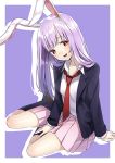  1girl animal_ears black_legwear blazer blush kyon_(fuuran) loafers long_hair looking_at_viewer necktie open_mouth pleated_skirt purple_hair rabbit_ears red_eyes reisen_udongein_inaba shoes simple_background sitting skirt smile solo touhou 