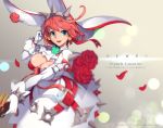  1girl artist_name blue_eyes blurry bokeh breasts character_name clover depth_of_field dress earrings elphelt_valentine flower four-leaf_clover guilty_gear guilty_gear_xrd gun jewelry large_breasts newey petals pink_hair rose rose_petals short_hair smile solo spikes weapon 