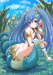  1girl armlet blue_hair blush bracelet breasts chaki-yam cleavage earrings jewelry lamia large_breasts long_hair monster_girl original pointy_ears red_eyes ribbon ring solo tail tail_ribbon twintails 